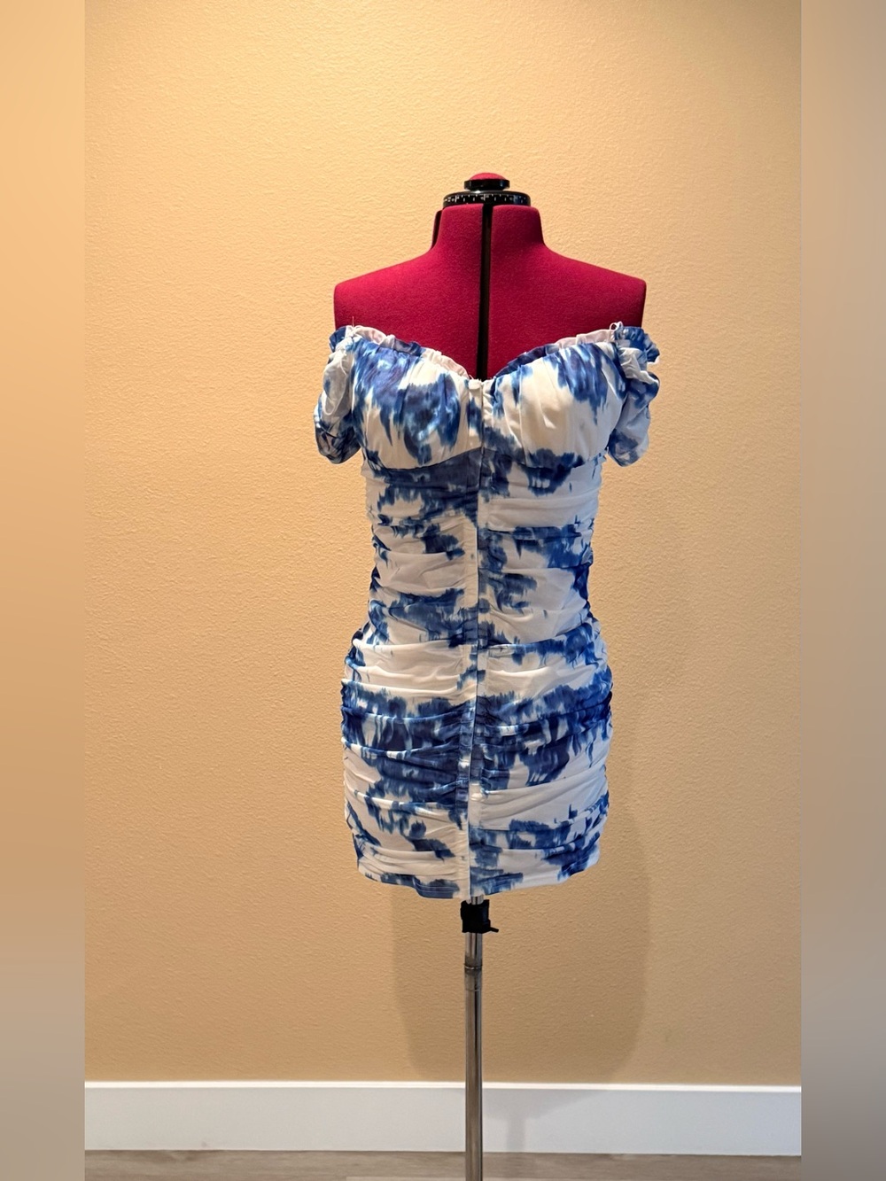 privy White and Blue Off-Shoulder Ruched Mini Dress